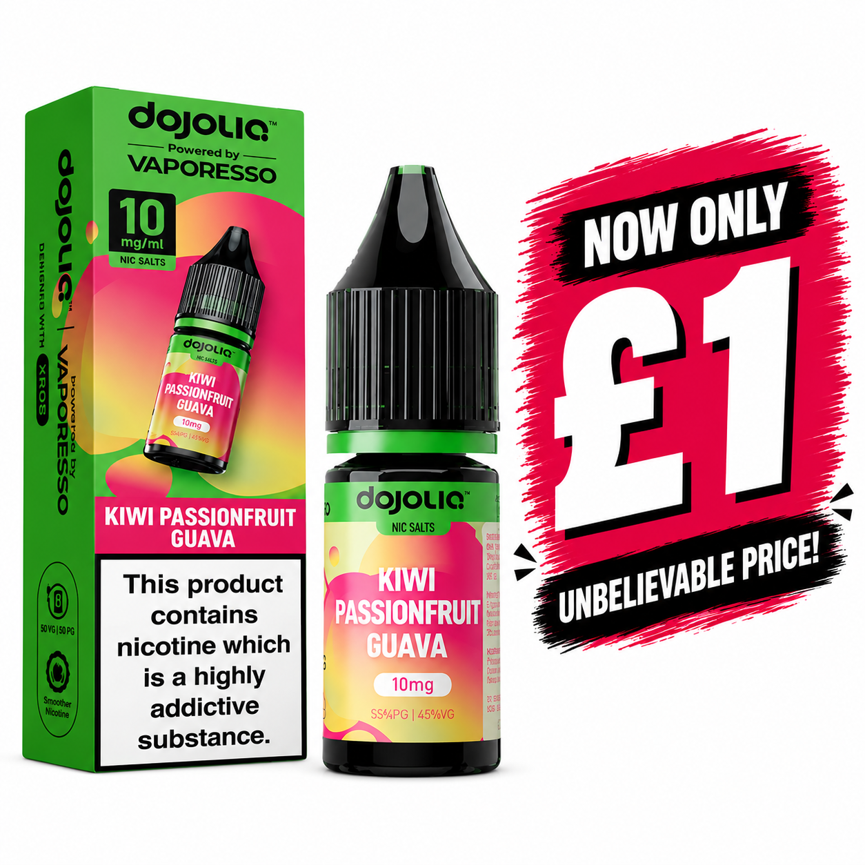 £1 SALE: 10ml Kiwi Passionfruit Guava Nic Salt by DOJOLIQ (10mg)