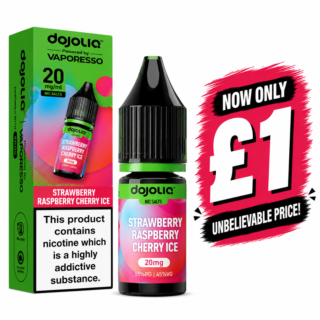 £1 SALE: 10ml Strawberry Raspberry Cherry Ice Nic Salt by DOJOLIQ (10mg)