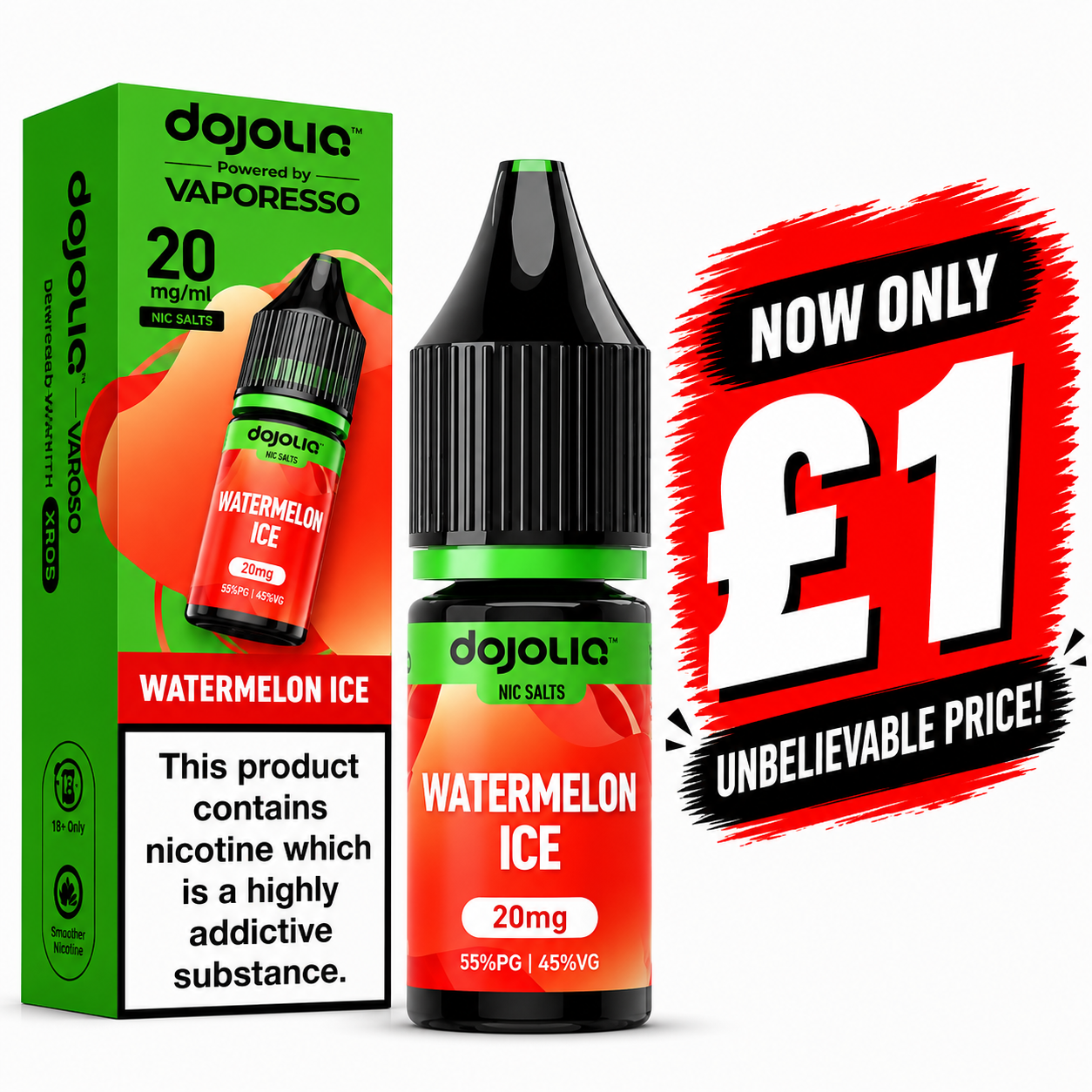 £1 SALE: 10ml Watermelon Ice Nic Salt by DOJOLIQ (10mg)