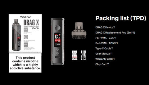 Voopoo Drag X  Kit +1x Pack of Coils +1x 4.5ml Pod + 1x 18650 + 1x FREE 100ml E-Liquid